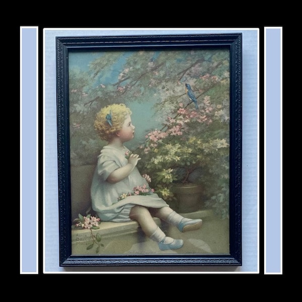 Annie Benson Muller, The Song of Happiness, circa 1930s Lithograph in Wood Frame