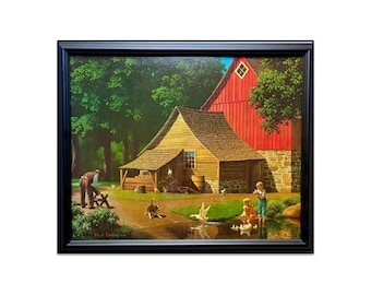 Paul Detlefsen "Memories" Framed Art Print. Duck Pond Farm Scene — Nostalgic Americana Farmhouse Decor — Mid Century Folk Art