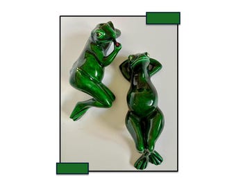 Large Ceramic Frog Figurines | 13 Inches Set of 2 | Mid-Century Green Glaze | Kitsch Collectible Decor | Retro Pottery