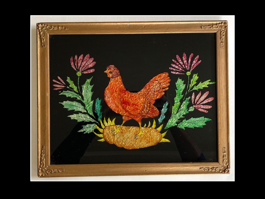 Antique Foil Art Rooster, Framed Folk Art Rooster, Reverse Painted