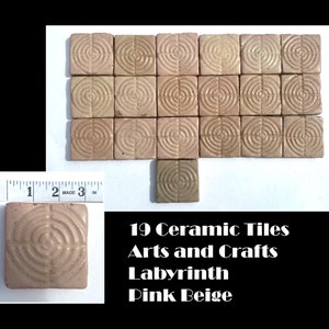 19 Antique Arts and Crafts Tiles, Pink / Beige Circular Labyrinth, 3 x 3 Inch Ceramic Tiling, circa 1900