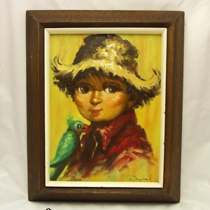 Boy with Parrot Mid Century Oil Painting, Framed Original, Artist Signed Oil, Big Eye Style Kitsch Art