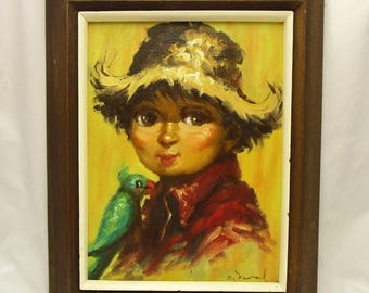 Mid-Century Mexican Boy with Parrot Oil Painting, Signed Original, Framed Kitsch Art