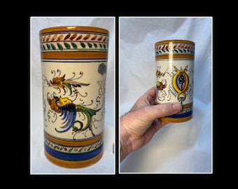 Vintage Deruta Majolica Tumbler: Dolphins & Lyre, Signed Italian Vessel