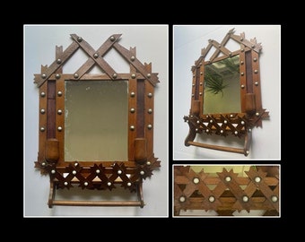 Black Forest Style Wood Shaving Mirror w Towel Rack and White Button Tacks, Wood Lattice Vintage Tramp Art