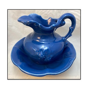McCoy Pottery Blue Water Pitcher and Basin, Small Ceramic Chamber Set, Excellent Vintage Condition