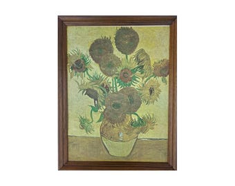 Van Gogh "Sunflowers" Midcentury Print, Textured Vinyl on Board in Wood Frame, circa 1960