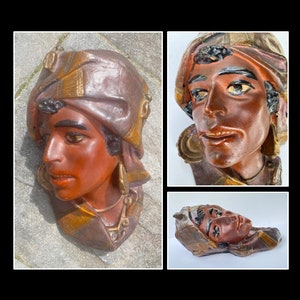 Art Nouveau Plaster Arab Man Wall Hanging, P. Mori and Sons, Hand Painted Orientalism Wall Plaque, circa 1900