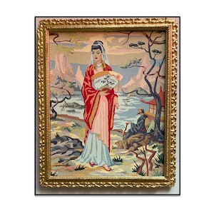 Pintura por números de mujer japonesa y paisaje costero en marco de yeso dorado, arte PBN, kitsch asiático, decoración oriental.