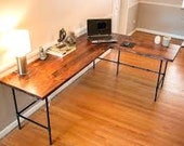 L-Shaped Desk, 60 39 39 x 60 39 39 Industrial Reversible Corner Computer Office Desk Table Workstation for Home Solid Wood Metal Pipe Legs