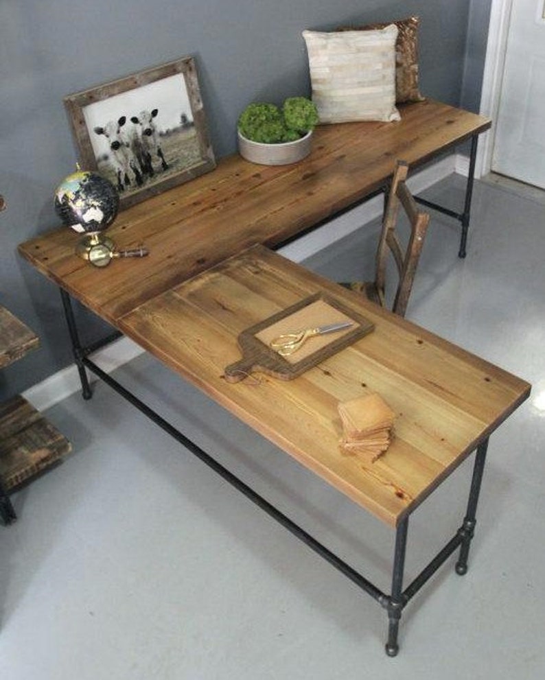 L Shaped Desk 66 X Industrial Reversible Corner Computer Office Table Workstation For Home Solid Wood Metal Pipe Legs