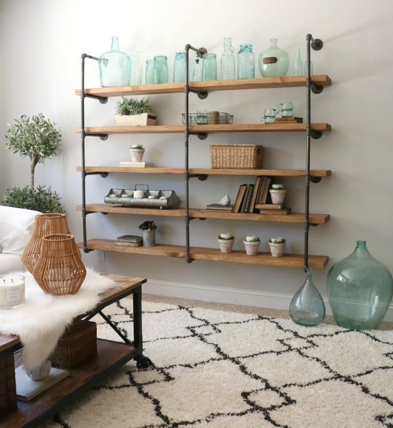 5 solid wood planks & iron pipe wall shelve pipe shelves Etsy
