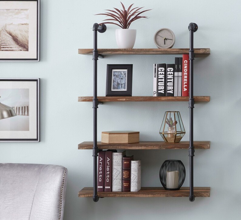 Wall Shelve 4 Solid Wood Planks Shelf Pipe Shelves Industrial Etsy