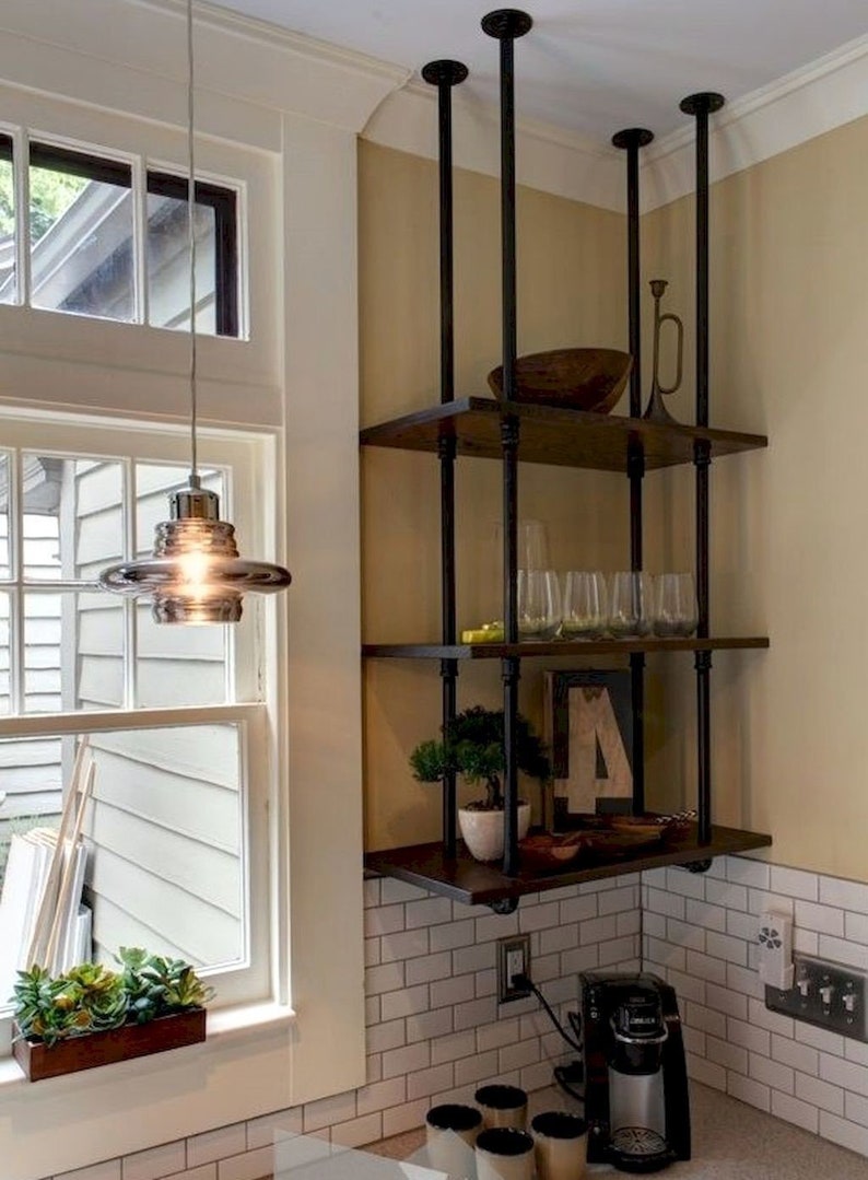 3 Tiers Shelve 14 Depth Hanging From Ceiling Urban Modern Style Pipe And Solid Wood Planks 4 Line Frame Free