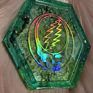 Grateful Dead Glitter Tray, Ring Dish, Trinket Tray, Stealie, Holographic, Glitter, Cosmic Dust, Home Decor, Dorm Decor