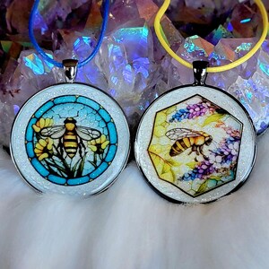 Bumble Bee Stained Glass Pendants, sparkly, Necklace, Colorful, Honeybee, Jewelry, Bee Lover, Bee Keeper, Gift, Honeycomb, Save the Bees