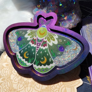 Moth Tray, Hand Painted, Color Shifting, Holographic glitter, Trinket, Ring Dish, Pagan, Table Decor, Home Decor, Moon Moth, Decorative Tray