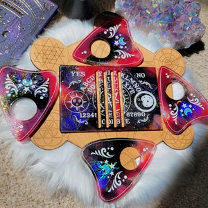 Ouija Board Coaster Set (4) with Holder, Holographic Moth, Glitter, Occult Decor, Witchy Decor, Spirit Board, Talking Board, Gothic Decor