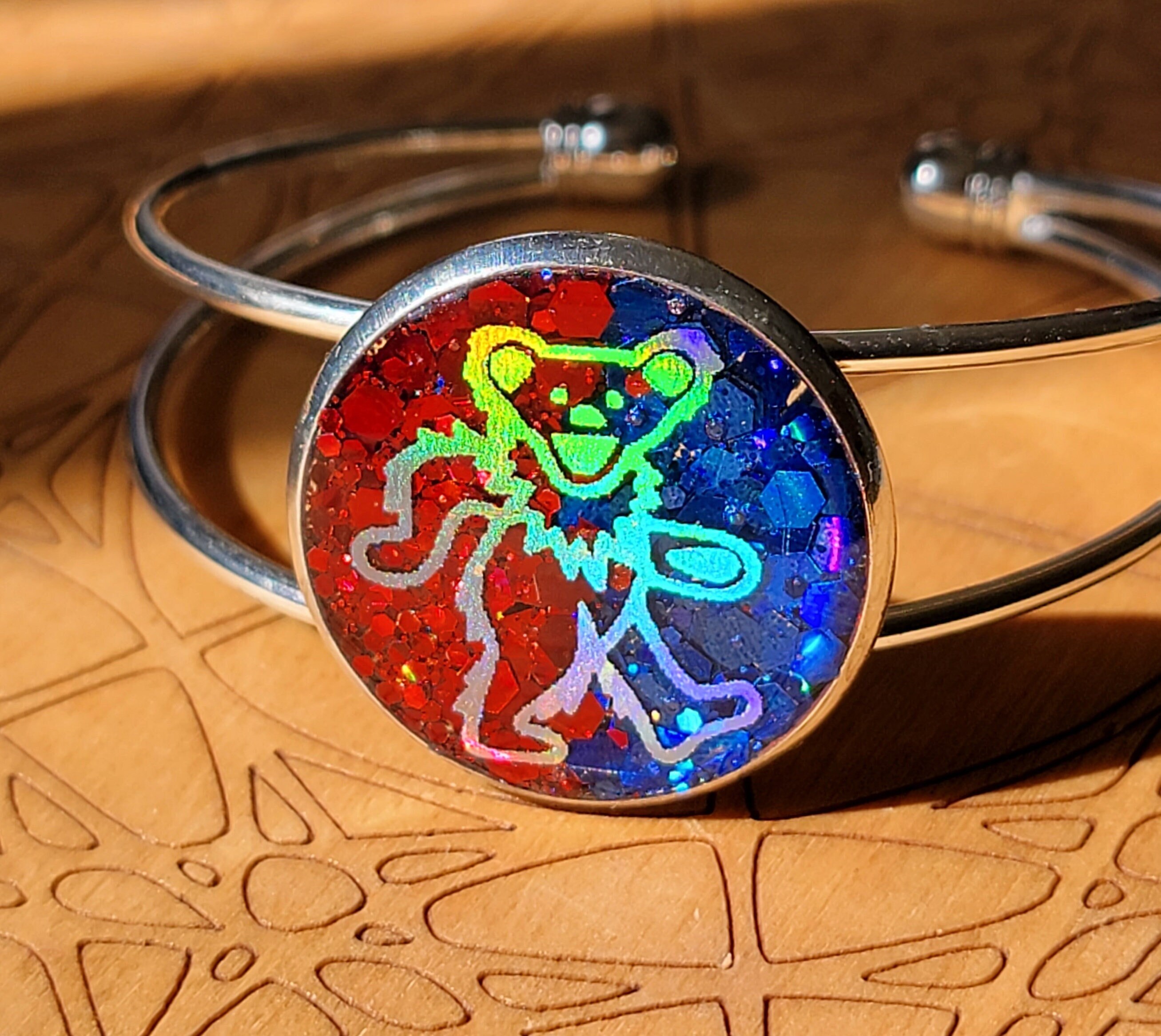 Grateful Dead Adjustable Cuff Bracelets Holographic Dancing Bear Blue and Red Glitter Jewelry Jerry Garcia The Dead Deadhead Dead Fan