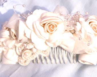 Ivory Silk Rose Bridal Hair Comb, Pearl Wedding Accessory, Romantic Cottagecore Headpiece