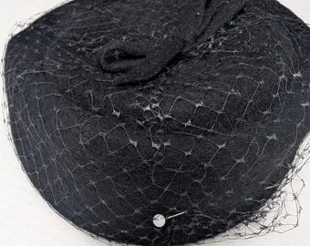 Vintage Black Felt Veiled Hat | 1950s Cocktail Millinery