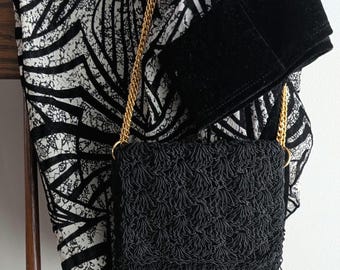 Vintage Adél Montreal Black Beaded Evening Bag | 1950s 1960s Cocktail Purse Gold Chain