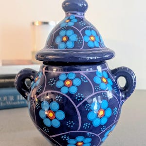 Vintage Hand Painted Blue Floral Lidded Pottery Jar | Cobalt Blue Ceramic Canister | Boho Folk Art Storage Vessel | Decorative Covered Pot