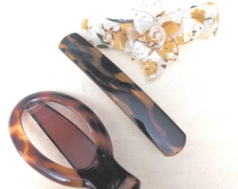 Vintage Tortoiseshell Hair Clip Set, Floral Accent Barrette, Boho Accessories