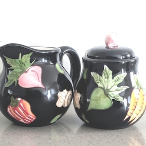 black ceramic cream sugar set, vegetable themed, hand painted