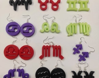 Zodiac Earrings Pair / Star Sign Jewellery / Horoscope / Rising Sun Moon / Gifts / All Colours And Signs Available/ 3D Printed