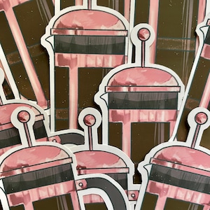 French Press Coffee Vinyl Sticker - süße Illustration von Rosegold Kaffeepresse für Skizzenbücher, Zeitschriften und Wasserflaschen