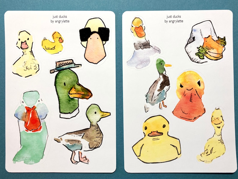 6x4-in in size two sheets per order Cool Dapper Ducks vinyl sticker sheets of ducks illustrated using watercolors and ink pens