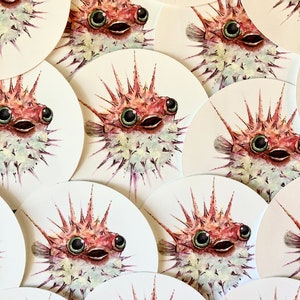 Puffer Fish Vinyl Sticker - 2.5-in in size - weatherproof handmade sticker of blow fish