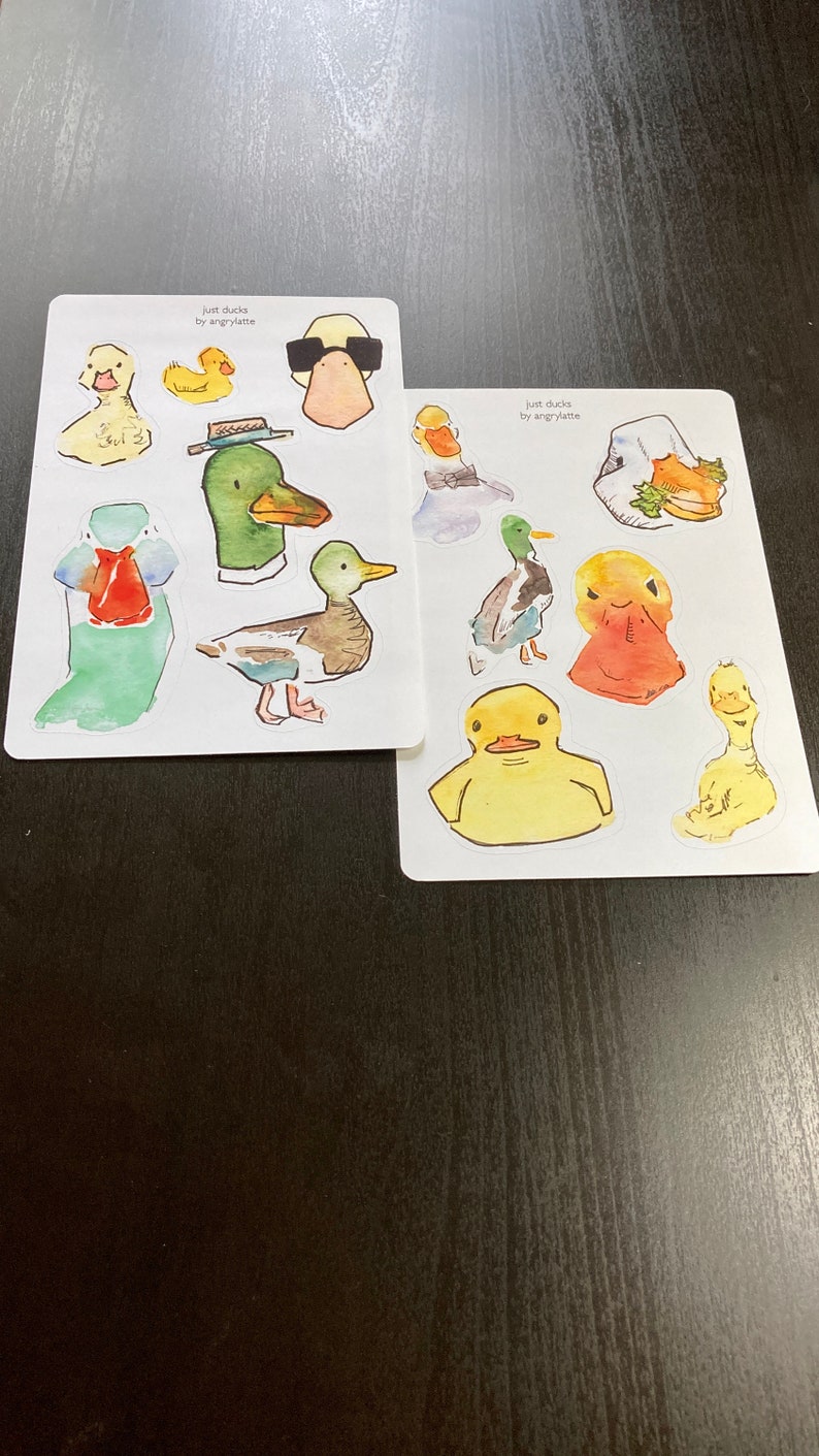 6x4-in in size two sheets per order Cool Dapper Ducks vinyl sticker sheets of ducks illustrated using watercolors and ink pens