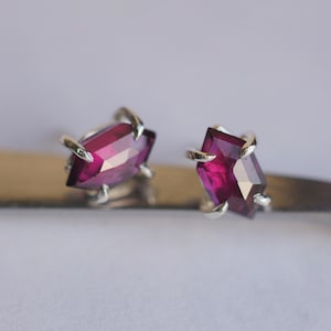 Rhodolite garnet stud earrings. Made to order ~10x6 mm grape wine color natural gemstone earrings. Prong set in 925 sterling silver