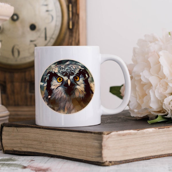 Wise owl mug, Flying Owl On White Ceramic, 15 Oz Mug, Owl Eyes, Owl Wisdom, Owl Lover Mug, Predatory Bird, lucky owl