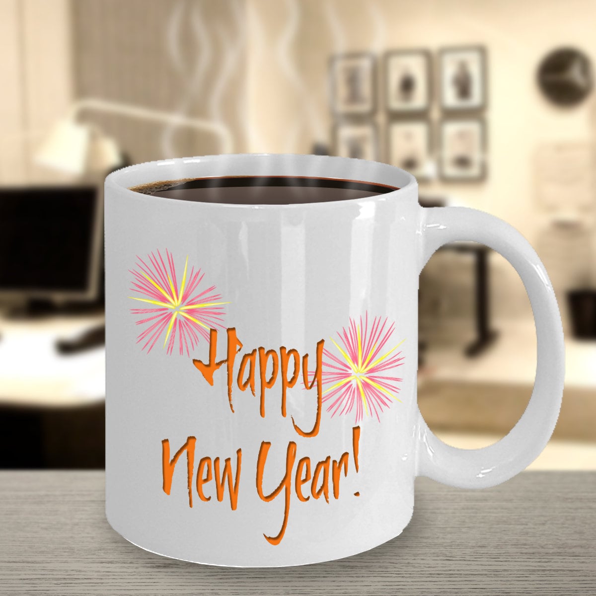 Happy new year coffee cup. white Celebrate 2019. Fireworks Etsy