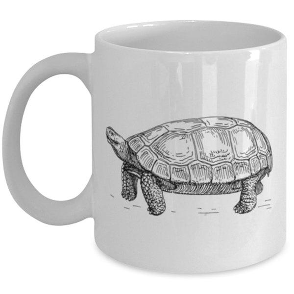 Tortoise On White Coffee Cup, Land Tortoise, Hide In Shell, Timid Turtle, Ancient Reptile, 11 Oz