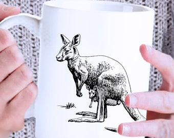 Kangaroo sketch mug, kangaroo and joey coffee cup, mama kangaroo, down under mug, mama and joey coffee mug