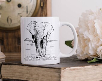 African Elephant mug, Amazing African Elephant, 11 Oz White Ceramic Coffee Mug, Huge Animal, Elephant Lover, Protect Elephants, Gentle Giant