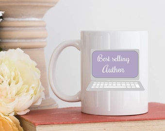 Best Author Mug, Best Selling Author 11 Oz Coffee Mug, Laptop Grey, Writer Mug, Love Writing Gift, Novelist, Journalist, Books