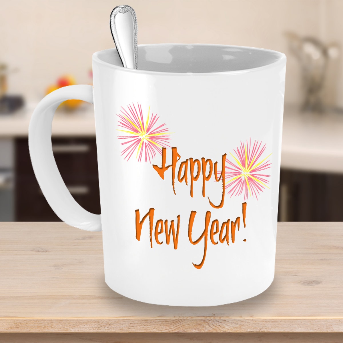 Happy new year coffee cup. white Celebrate 2019. Fireworks Etsy