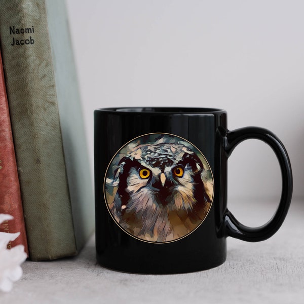 Wise owl mug, Flying Owl On Black Ceramic, 11 Oz Mug, Owl Eyes, Owl Wisdom, Owl Lover Mug, Predator Bird, Lucky owl