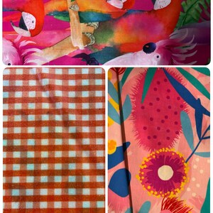 May include: A collage of three fabric patterns: the top section features vibrant parrots and tropical flowers on a bright pink background, the bottom left shows a brown and white gingham check, and the bottom right displays pink floral motifs.