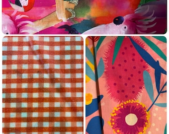 May include: A collage of three fabric patterns: the top section features vibrant parrots and tropical flowers on a bright pink background, the bottom left shows a brown and white gingham check, and the bottom right displays pink floral motifs.