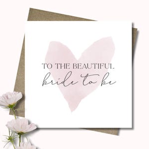 Bride to be card & envelope. Bridal shower. Kitchen Tea. Hens card. Pink watercolour heart card. Script font. 12.5cm square card.