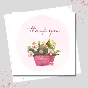 Thank you card & envelope. 12.5cm square card. Plant. Rustic. Pink floral. Potplant. Flower.