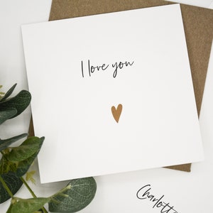 Personalised Valentine's card & envelope. 12.5 sq. card. Customised anniversary card. Gold heart card. I love you. Handwritten font.