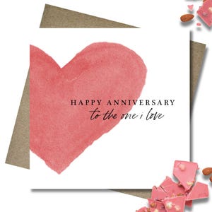 Red heart Anniversary card & envelope. 12.5cm square card. Customised love card. Watercolour. To the one I love. Handwritten font. Rustic
