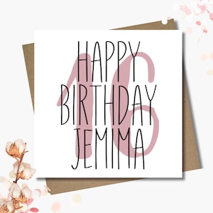 Personalised pink birthday card & envelope. 12.5cm card. Customised. Happy Birthday. Rose gold and black.